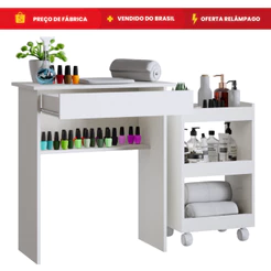 Kit Manicure Mesa com Gaveta para Equipamentos de Unha + Armário de Esmaltes com Rodinhas