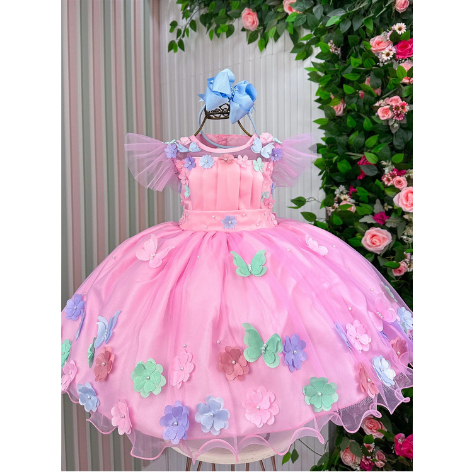 Vestido Infantil Marie Jardim Encantado Luxo Infantil - Rosa Bebê, Verde Tiffany, Azul e Lilás