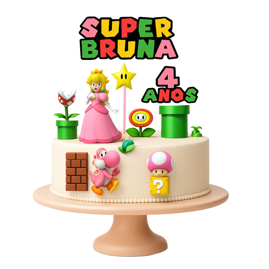 Topo Topper de Bolo Princesa Peach Super Mario Bross Personalizado Qualidade Premium