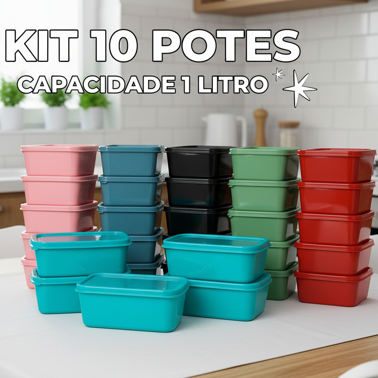 Super Kit 10 Potes 1L com Tampa – Marmita Pronta, Leve pro Trabalho, Freezer e Micro-ondas