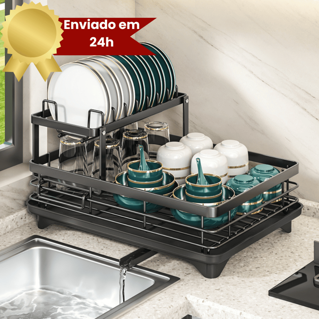 Escorredor de Louça Organizador de Pia Rack de Cozinha Duplo Aço Carbono Com Porta Copos Talheres