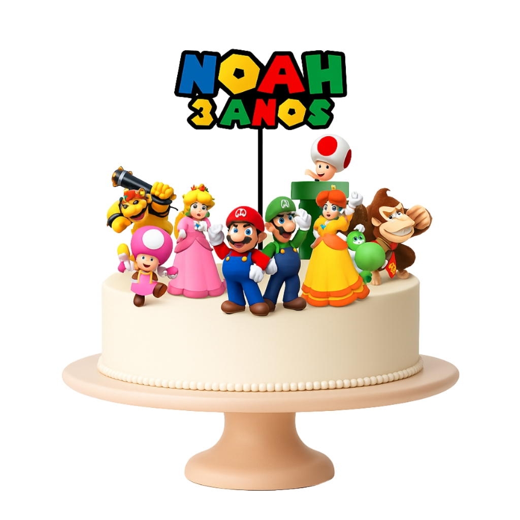 Topo Topper de Bolo Mario Game Personalizado Qualidade Premium