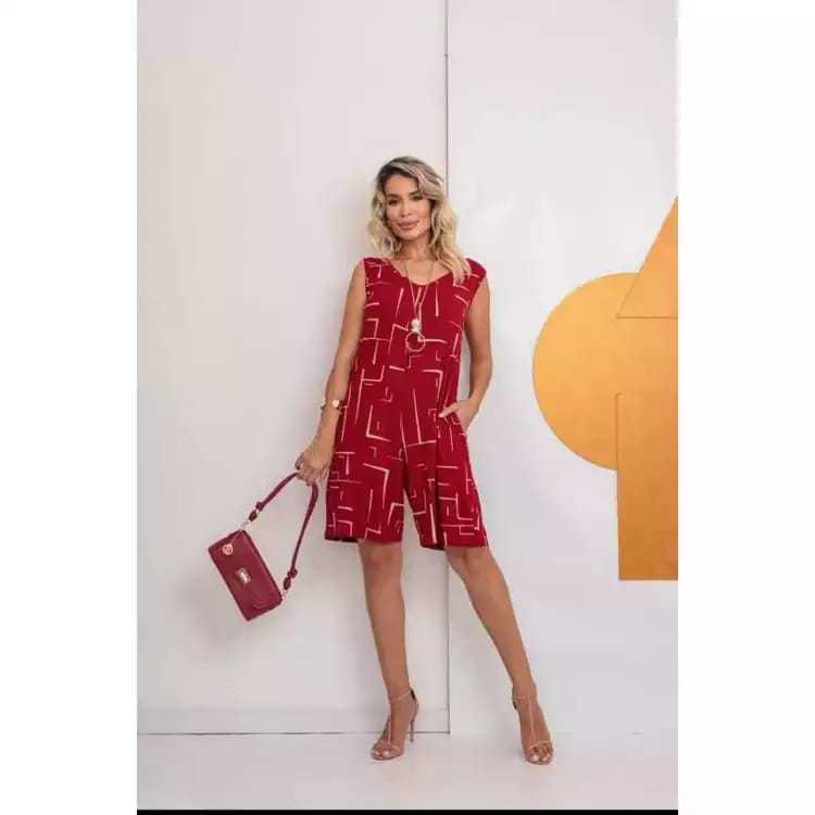 Macacão/Macaquinho Feminino Estampado Geométrico Viscolycra Moderno Confortável