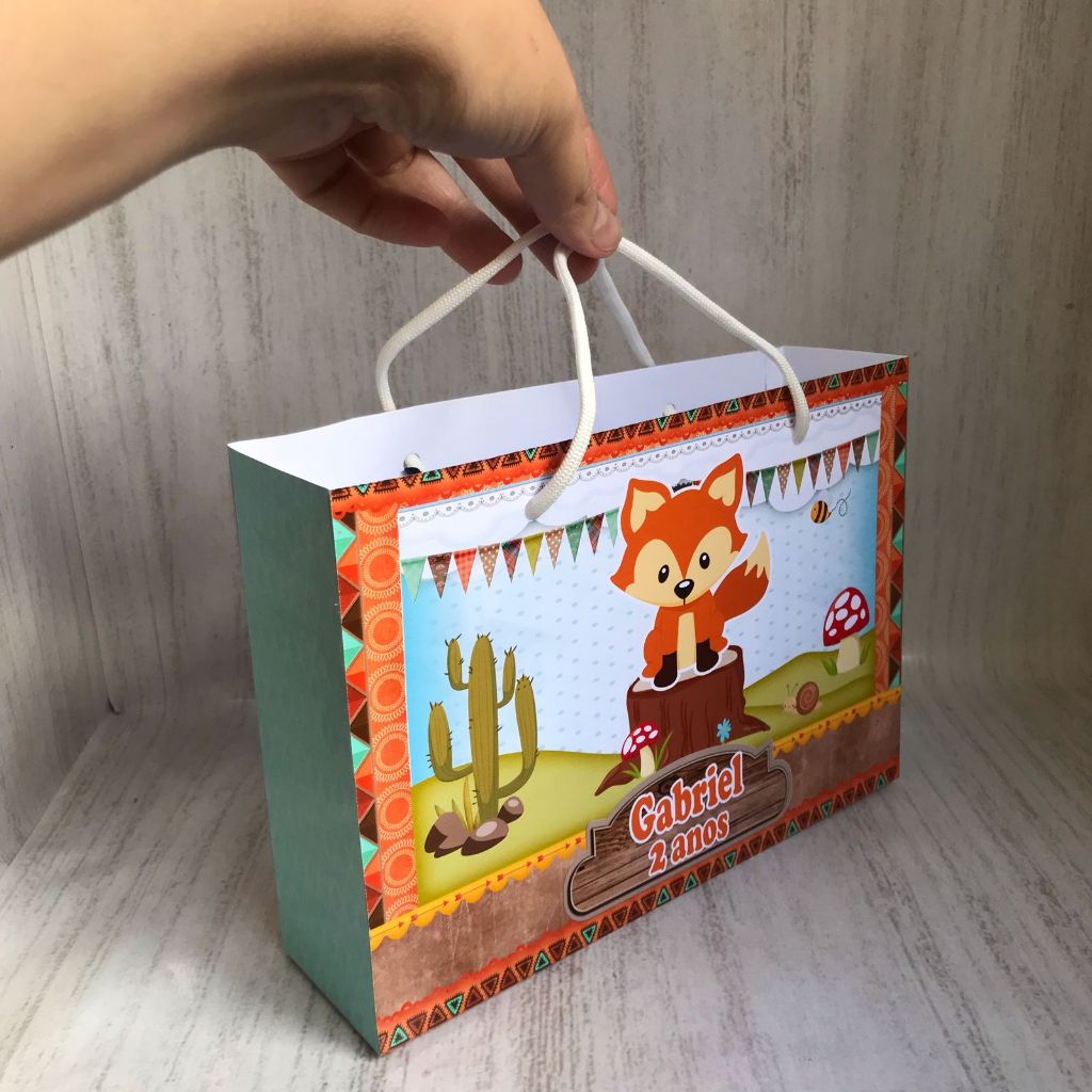 Sacolinha Surpresa G Raposinha Menino  Personalizada com nome Festa Infantil Chá Aniversário Lembrancinhas