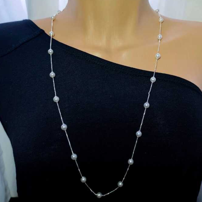 (Semi jóia) Conjunto flutuante colar pérola + brinco banhado a ouro/prata 925