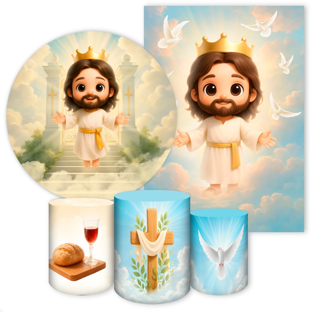 Kit Painel Festivo Tecido Elanca Sublimado Tema Jesus Religioso Painel Redondo Retangular Capa Cilindro — imagem 2 de 2