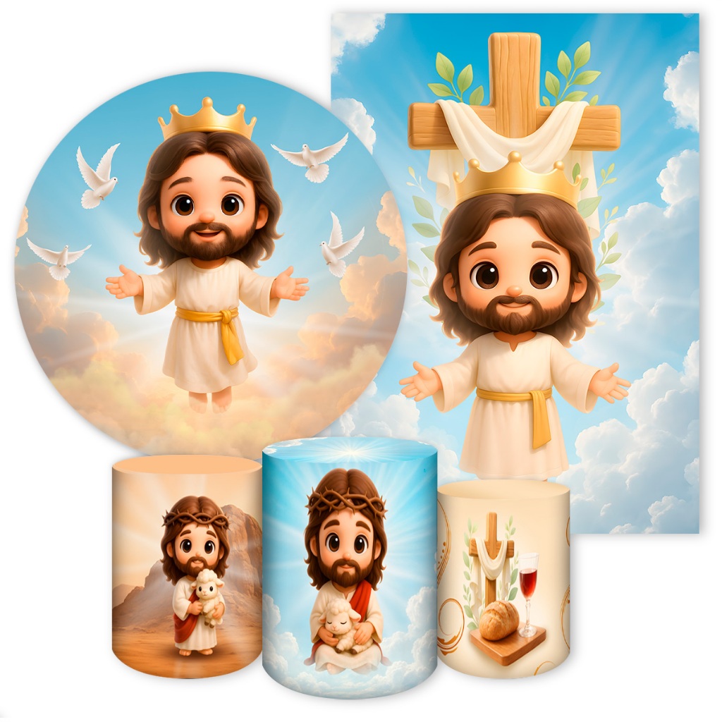 Kit Painel Festivo Tecido Elanca Sublimado Tema Jesus Religioso Painel Redondo Retangular Capa Cilindro