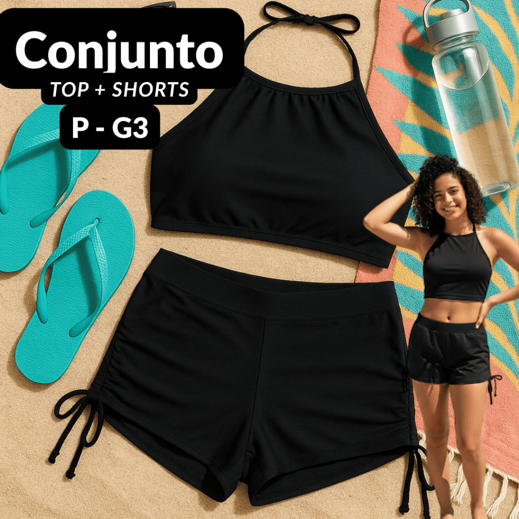 Conjunto Praia Biquini Preto Top e Shorts Cordinha Feminino