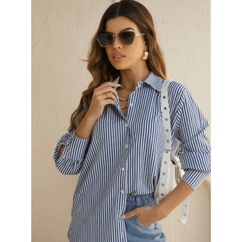 Camisa Social Feminina Listrada e Lisa Crepe Premium | Blusa Elegante e Confortável | P ao GG