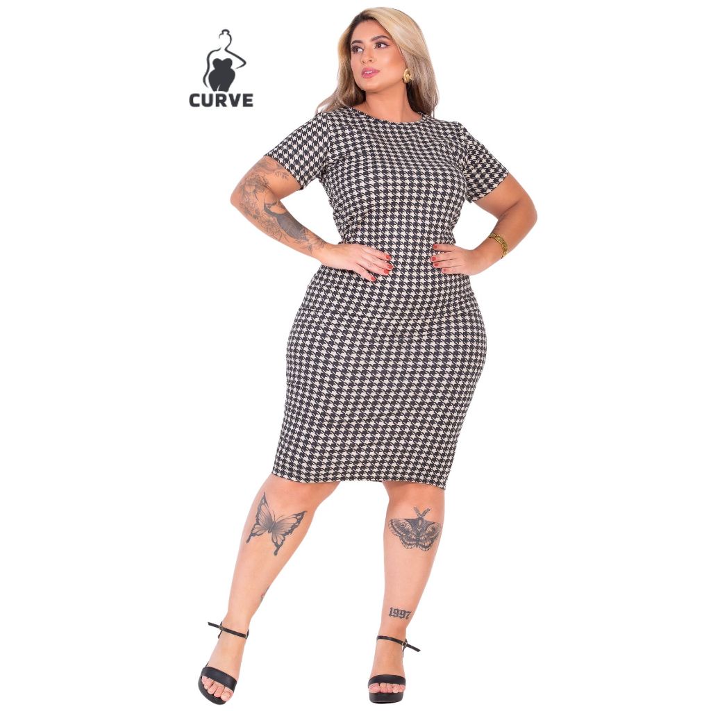 Vestido Midi Xadrez Plus Size Curve Manga Curta Festa Junina Canelado Pied Poule Gestante Moda Evangélica Feminino Justo