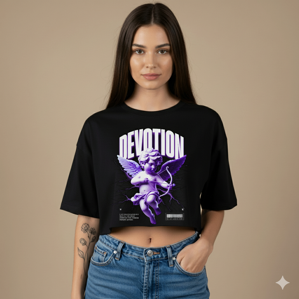 Croped Oversized Estampado Anjo Devotion T-shirt de Algodão Blusa Passeio Academia