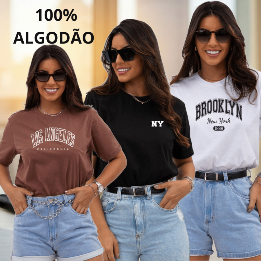 Kit 3 Camiseta T-shirt Feminina Basica Street Wear Lançamento 100% Algodão Envio Imediato