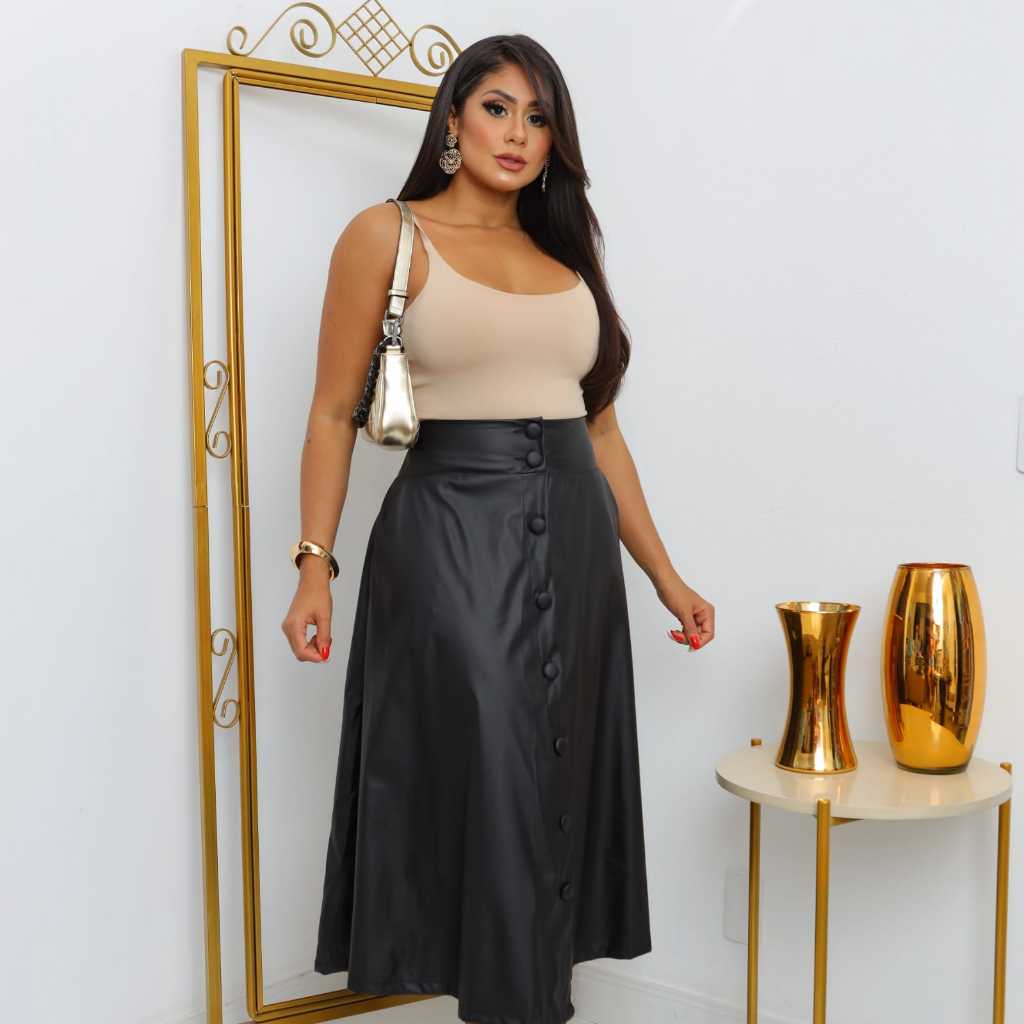 SAIA DE COURO LONGA COM BOTÕES NA FRENTE MEGA ESTILOSA em Oferta na Shopee