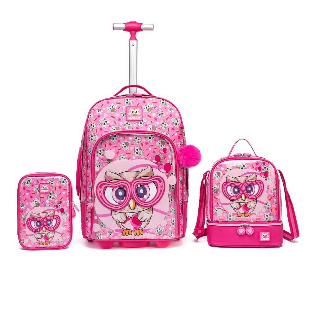 Kit Mochila Rosa Rodinhas Lancheira Estojo Escolar Reforçada Coruja Espaçosa Coban