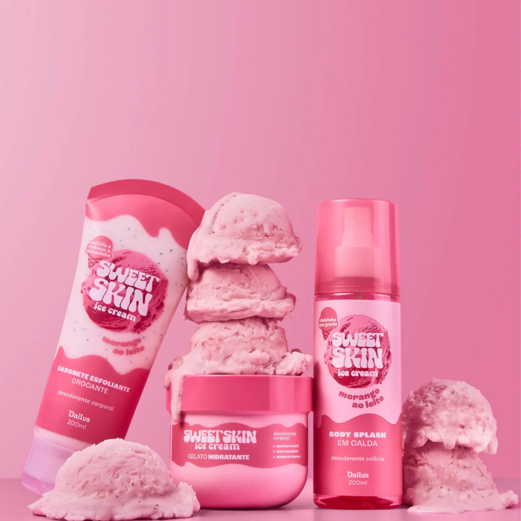 DAILUS SWEET SKIN - KIT TRIO MORANGO AO LEITE – SABONETE ESFOLIANTE + CREME HIDRATANTE + BODY SPLASH