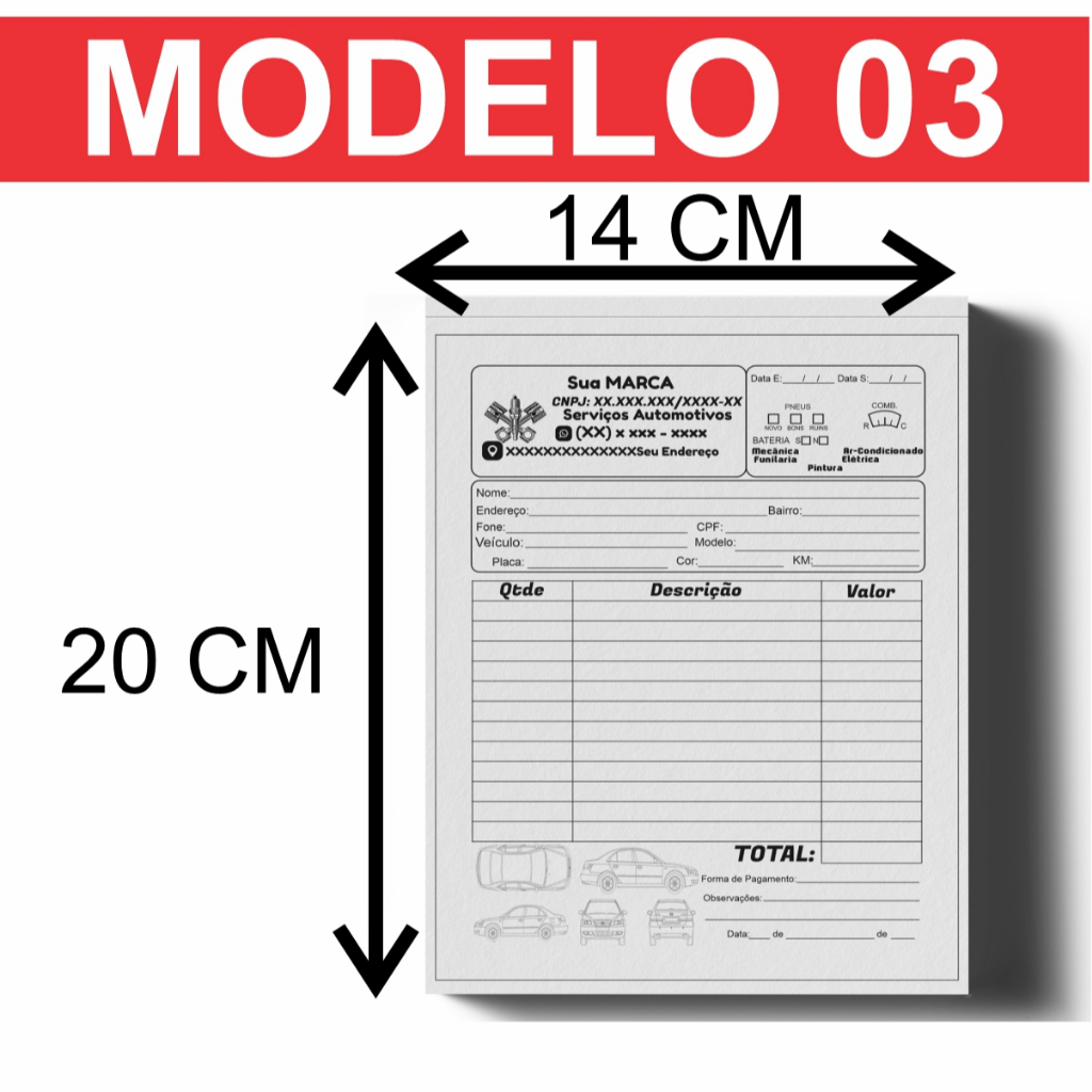 Kit com 8 Blocos 25 Ordens de Serviço Oficina Mecânica Lanternagem Automotiva Personalizado 14x20cm