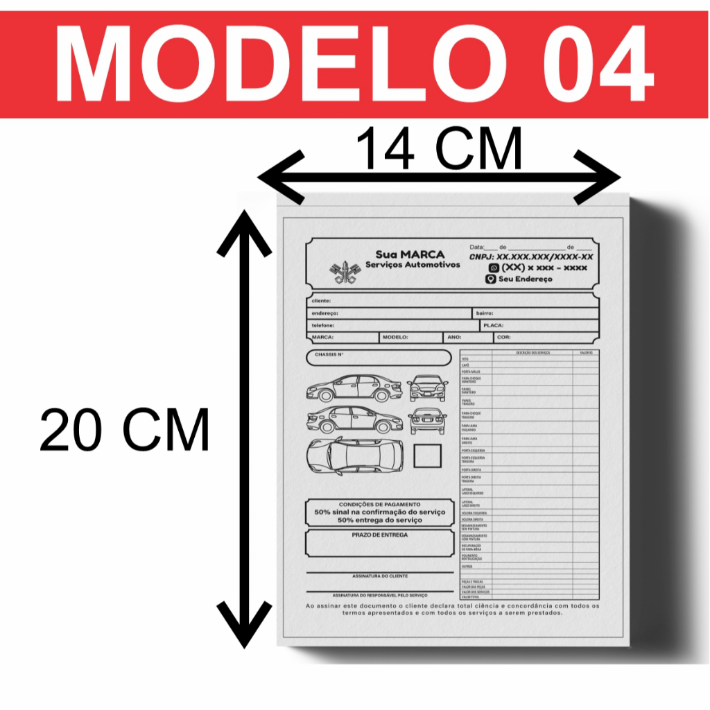 Kit com 4 Blocos 25 Ordens de Serviço Oficina Mecânica Lanternagem Automotiva Personalizado 14x20cm