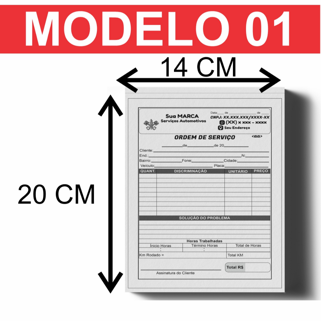 Kit com 12 Blocos 25 Ordens de Serviço Oficina Mecânica Lanternagem Automotiva Personalizado 14x20cm