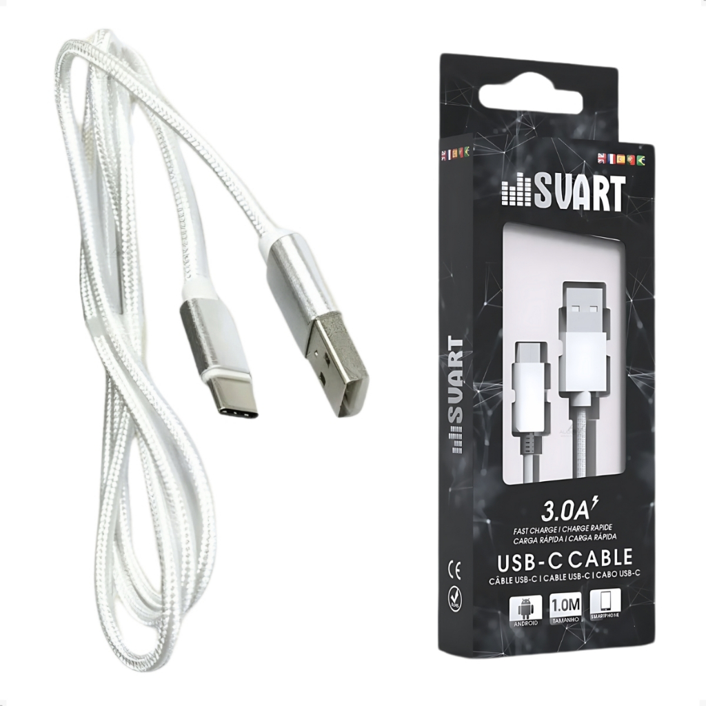 Cabo Usb C Carregador e Dados Rápido Tipo C 2.0 Plug & Play Com Malha Trançada Branco Svart