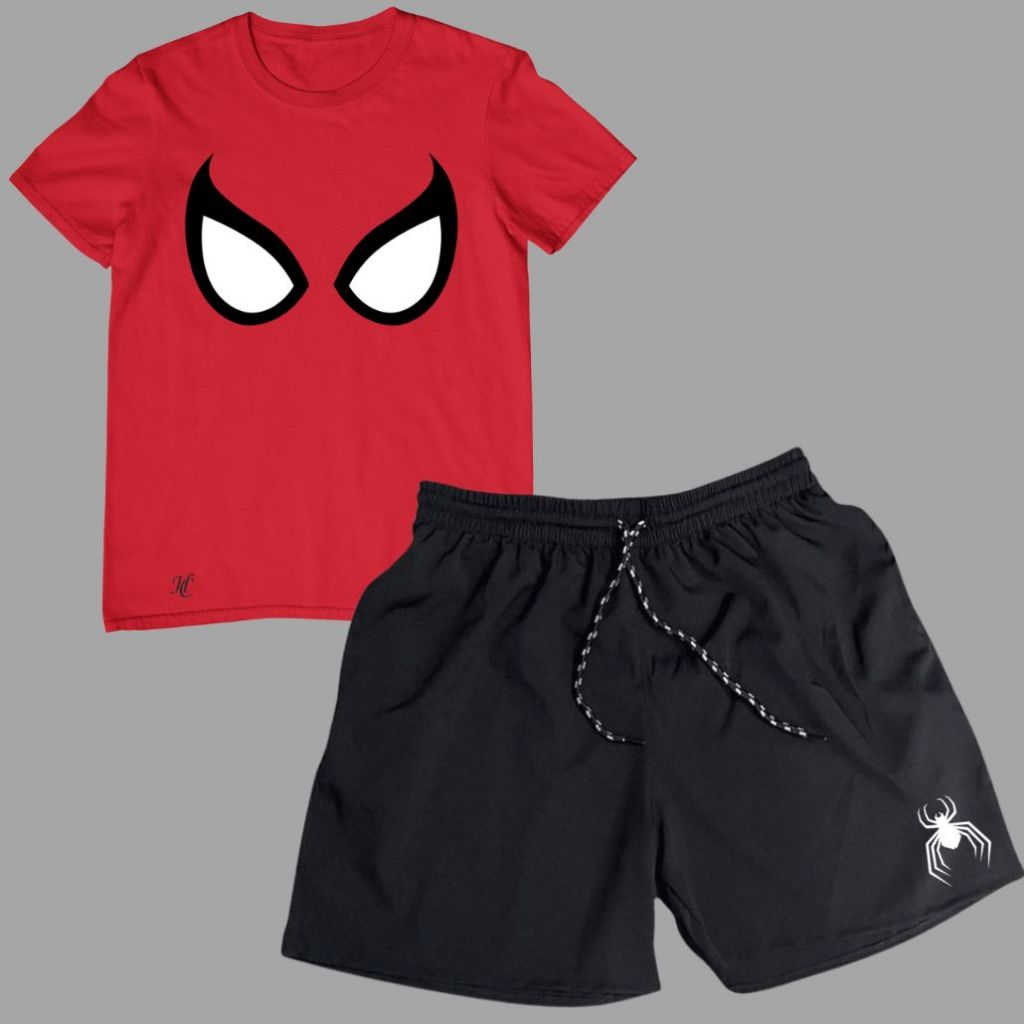 Conjunto Infantil Spider Man Verão Estampado Aranha Homem , Short Tectel Preto Camiseta Algodão