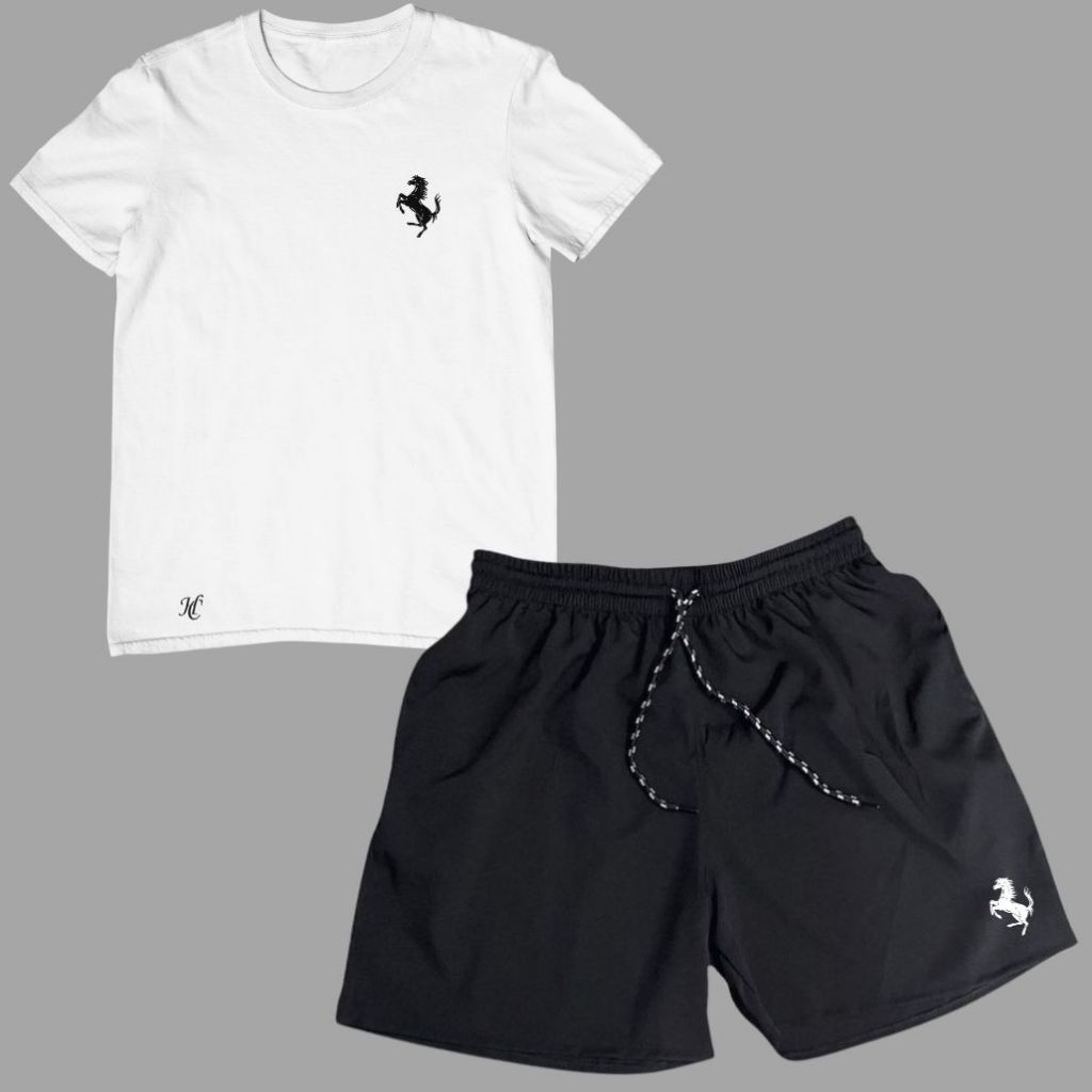 Conjunto Infantil e Juvenil Menino F1 Carros Ferrari Short Bermuda Tectel Camiseta Blusa Algodão Estampados