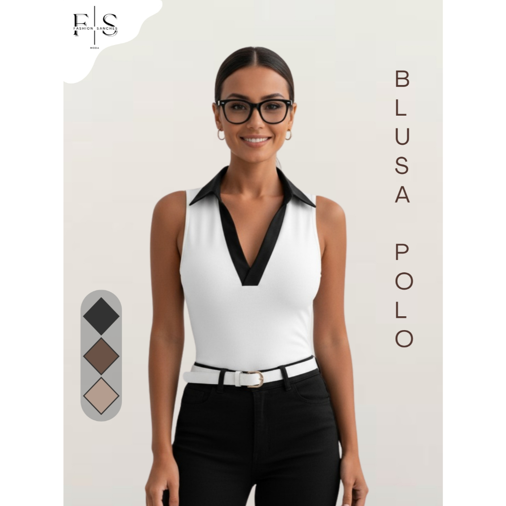 Blusa Polo Regata Feminina Canelada Bicolor Premium Moda Social Casual Elegante Tecido Anarruga