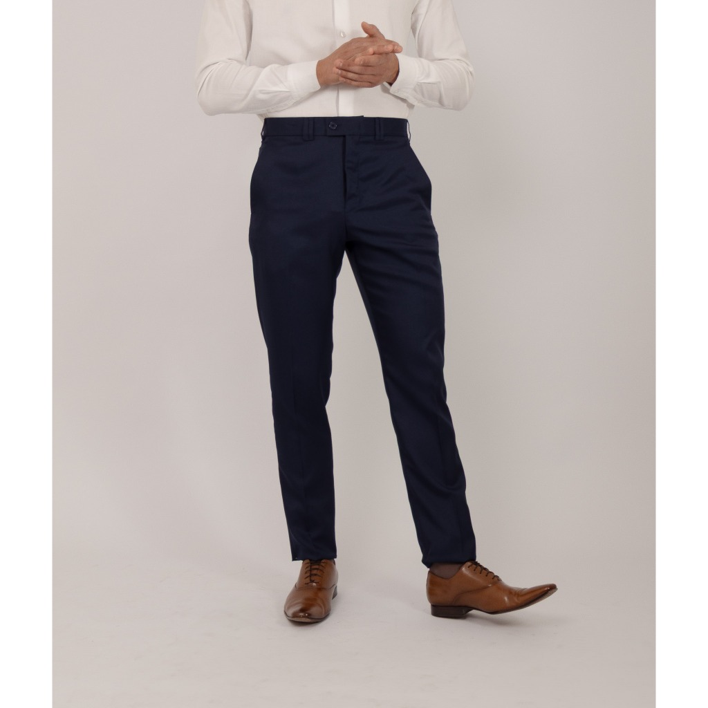 Calça Social Masculina Slim Azul Marinho, Tecido Microfibra Liso, Cós transpassado, Sem Barra