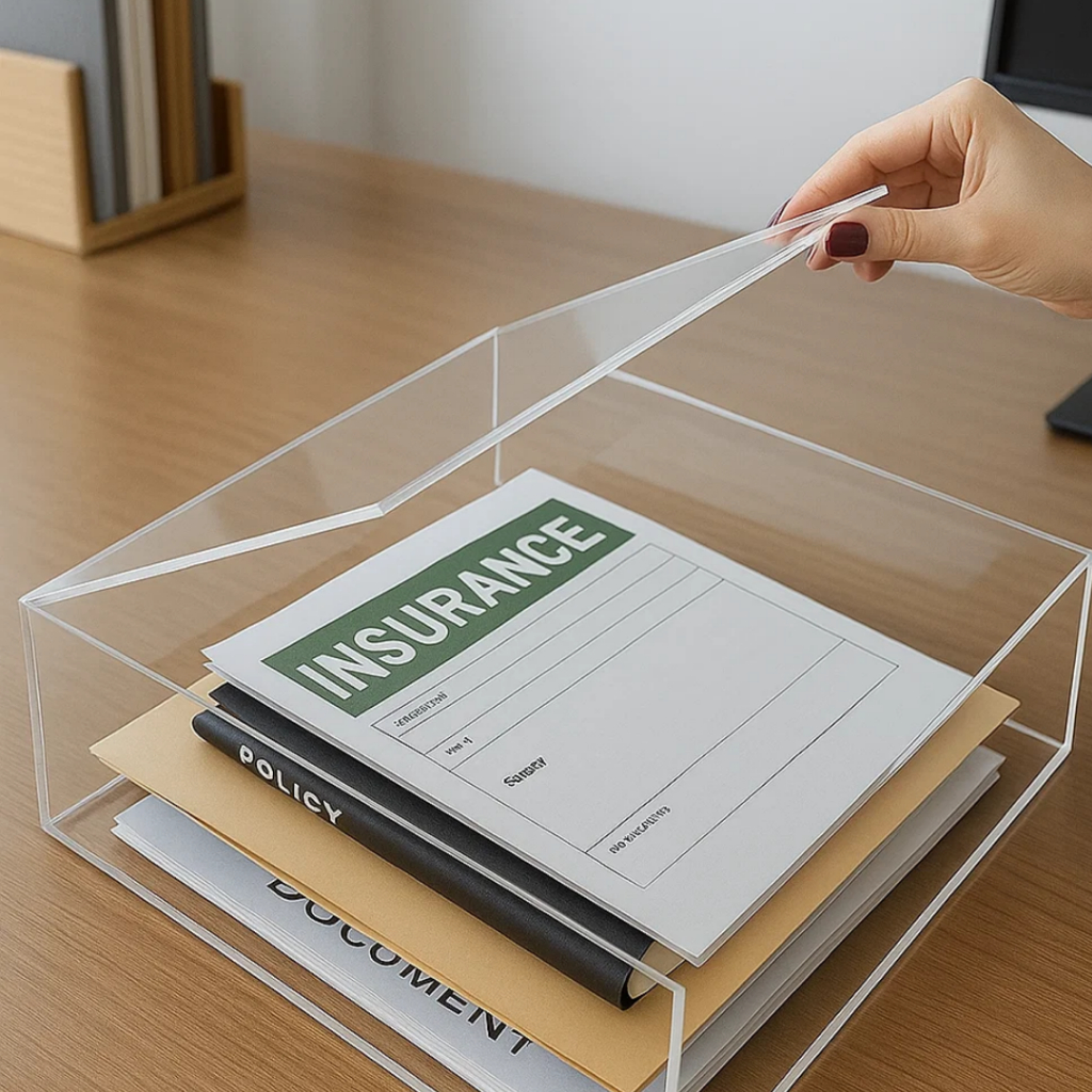Caixa organizadora acrílica multiuso tamanho p/folha A4 com tampa flip articulável - Resistente 3mm - 33X23X5CM