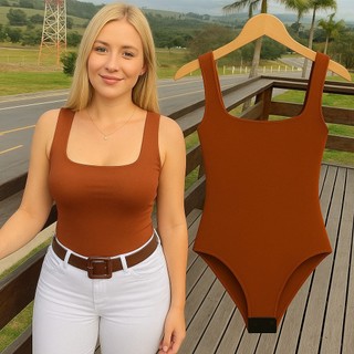 Body Collant Feminino Regata Blusa Decote Quadrado Com Forro Estilo Blogueira