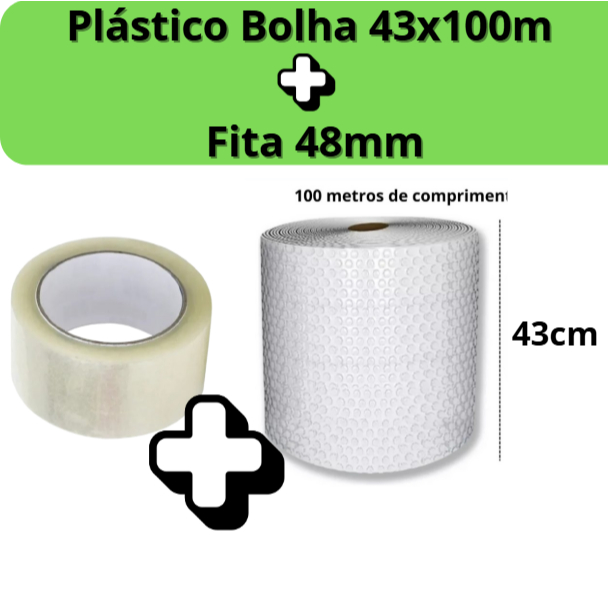 Plástico Bolha Bobina 43cm X 100  + Fita Durex 48mm Metros E-commerce 25 Micras Bolha Mudança em Oferta na Shopee