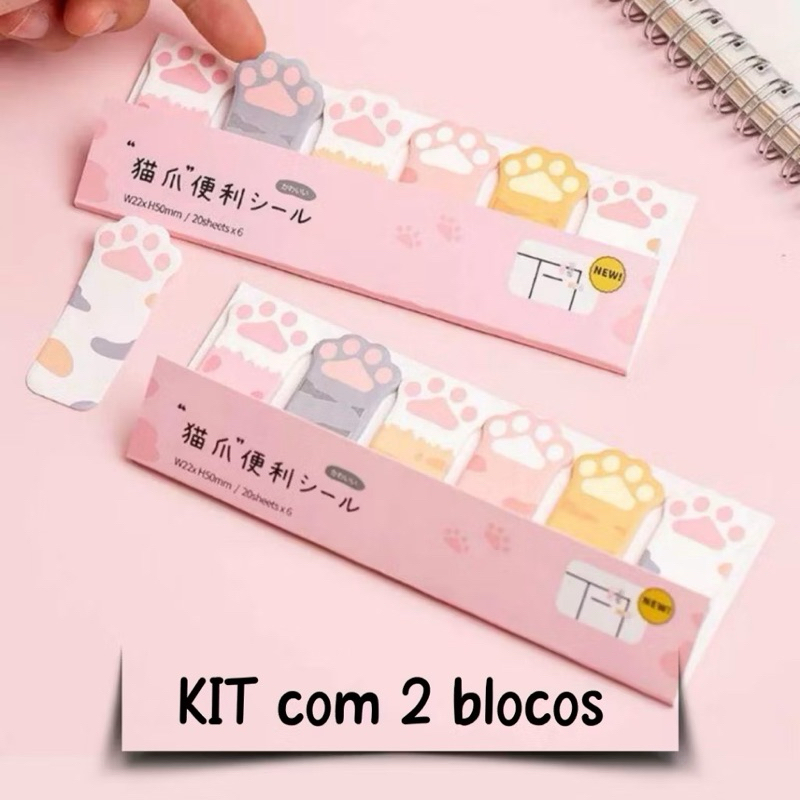 Kit 2 Blocos adesivos de notas patinha - bloquinho decorado gatinho