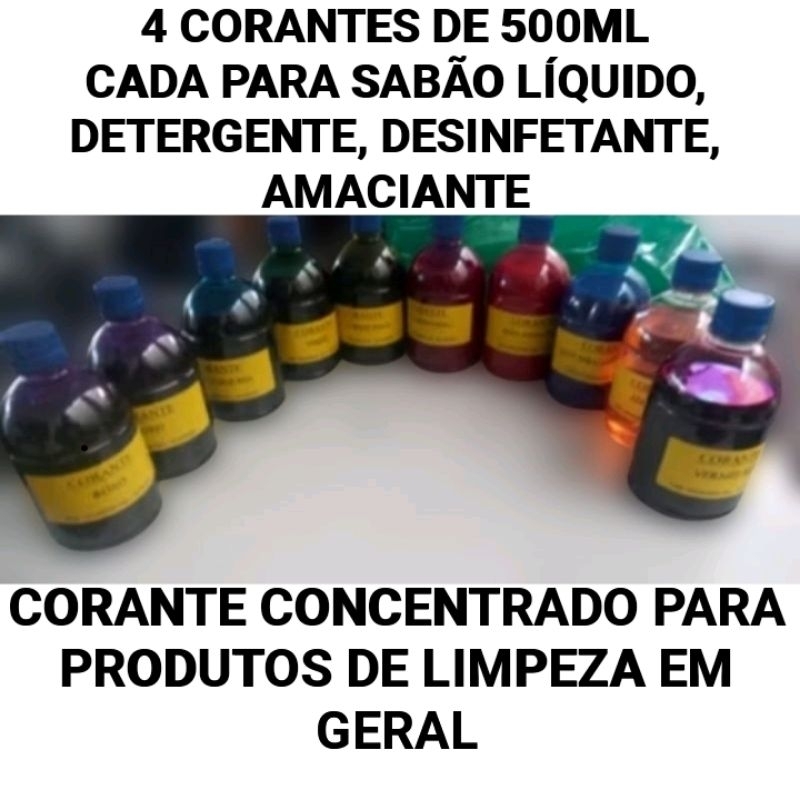 4 Corantes de 500ML Cada para Sabão Líquido, Detergente, Desinfetante, Amaciante QO1