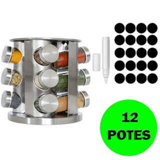 Porta Tempero Condimento Inox 12 Potes  Suporte Giratório Decoração Cozinha Etiqueta e Caneta em Oferta na Shopee