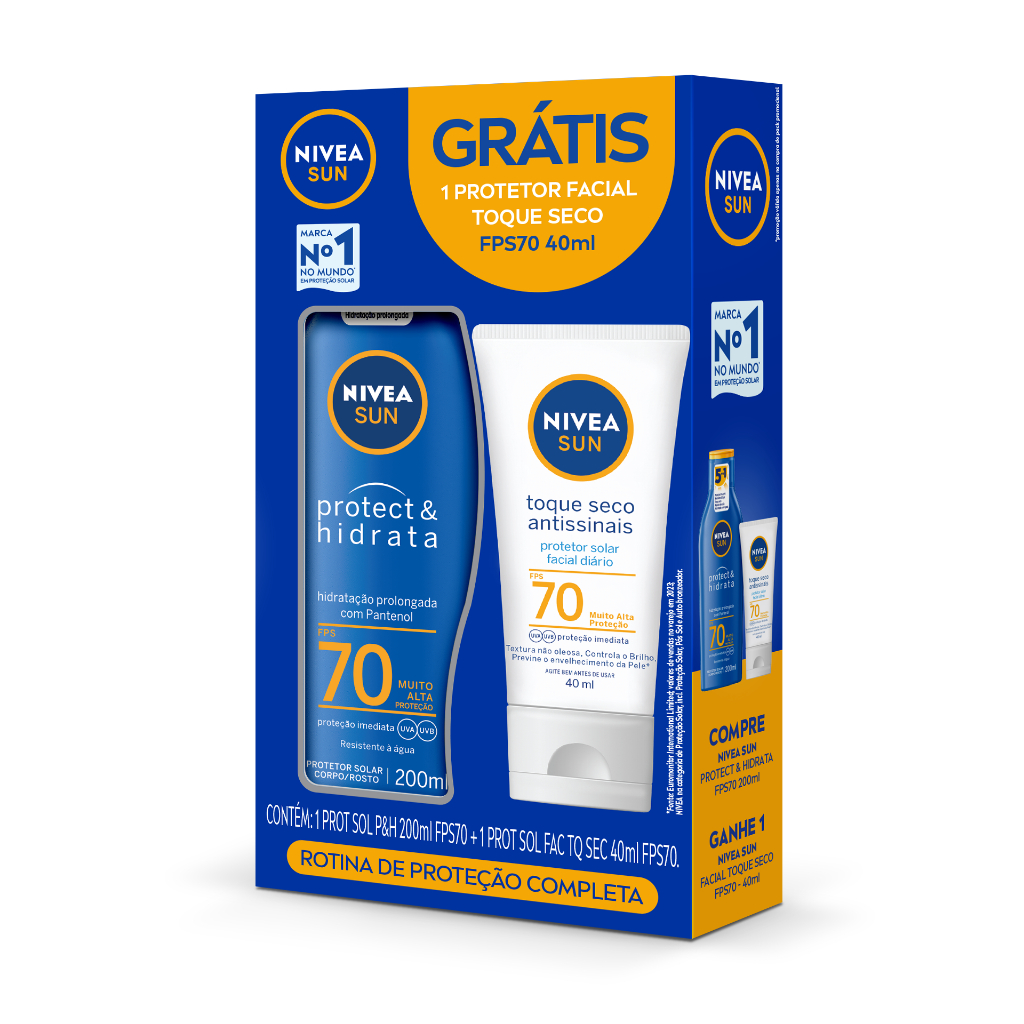 Kit Nivea Sun Protetor Solar Corporal FPS70 200ml + Protetor Solar Facial FPS70 Toque Seco Antissinais BBB 26 em Oferta na Shopee