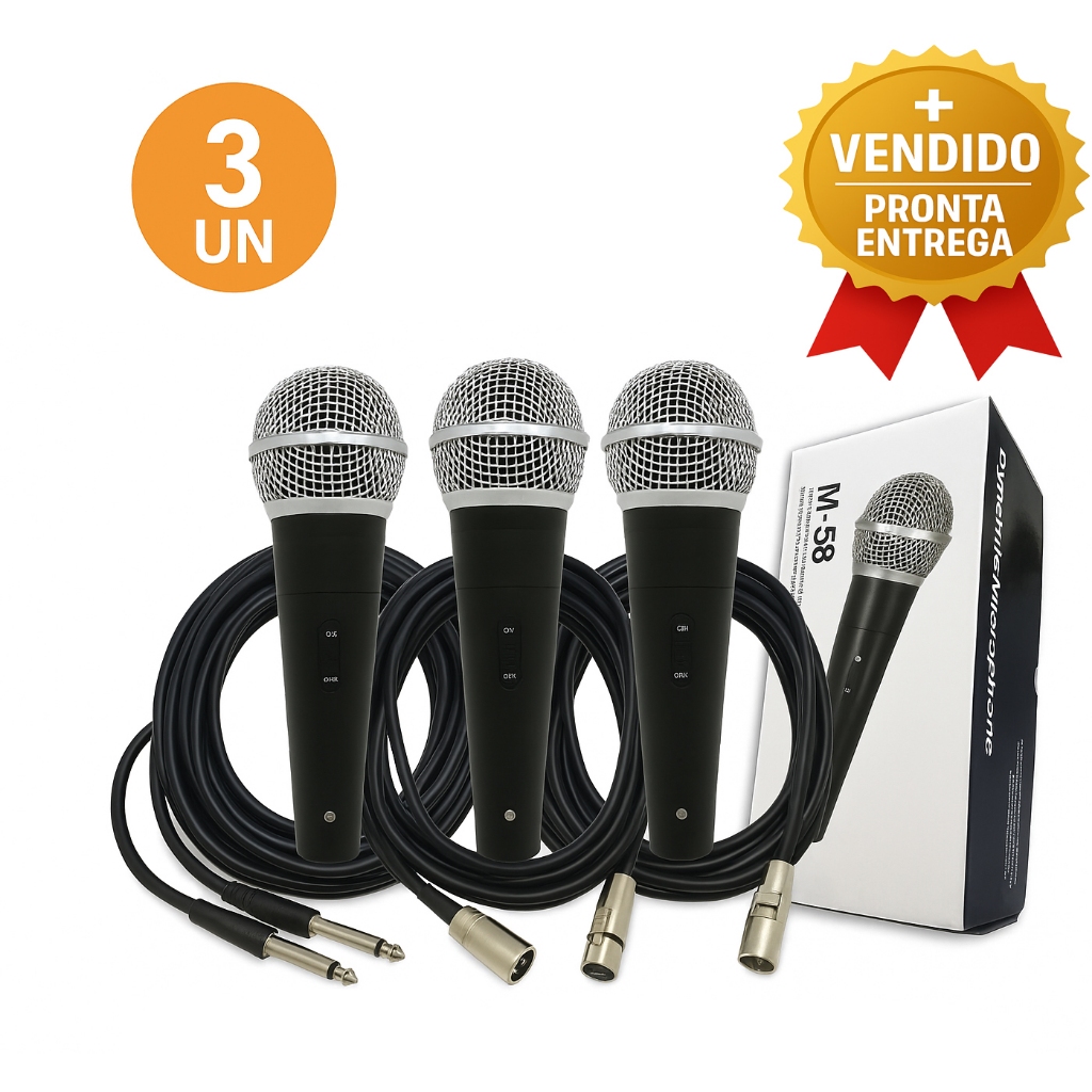 Kit 3 Microfone Dinâmico Com Fio Profissional Cabo 5 Metros XLR P10 Karaokê Igreja Estúdio e Eventos