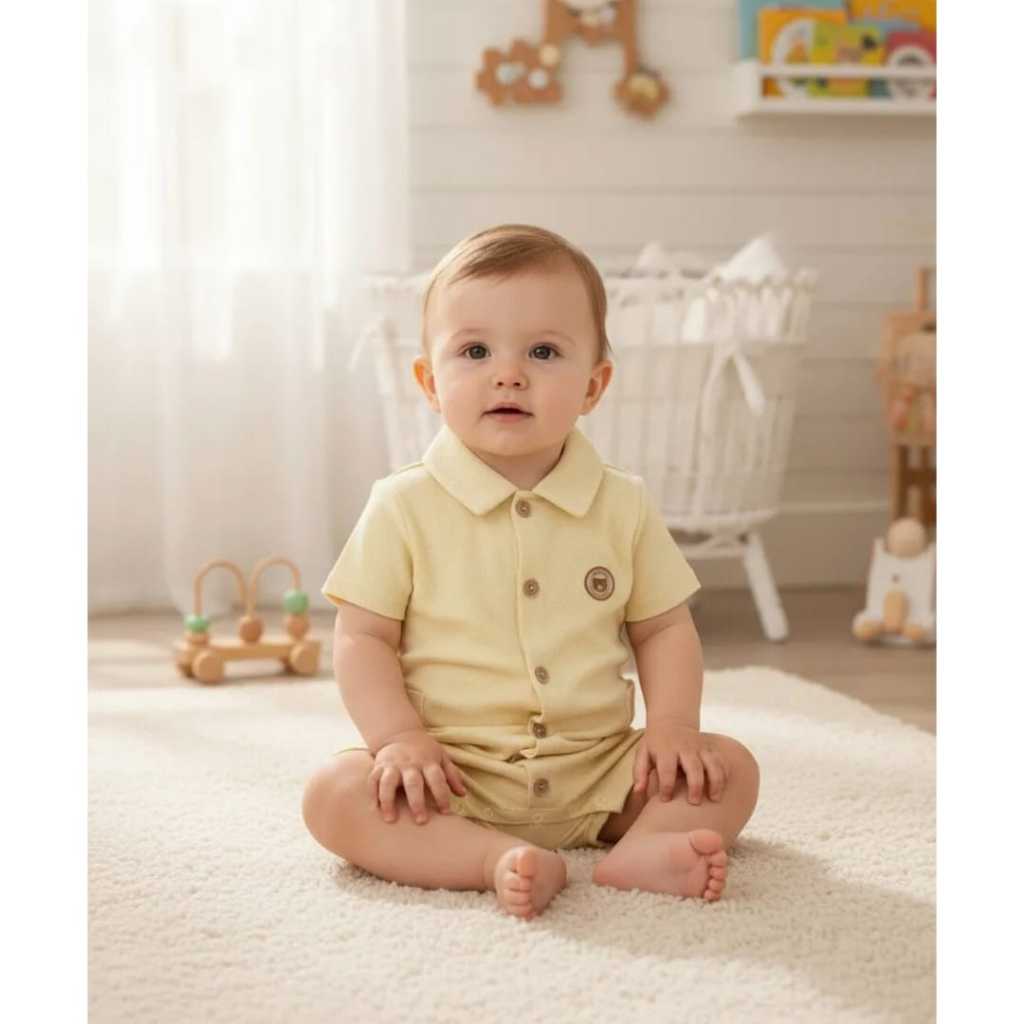 Macacão Bebê Menino Camisa Polo em Piquet com Elastano Amarelo - LucBoo