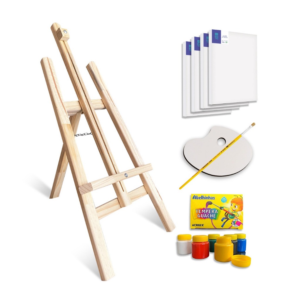 Kit Pintura Com Cavalete 4 Telas 1 Pincel 6 Tintas 1 Paleta