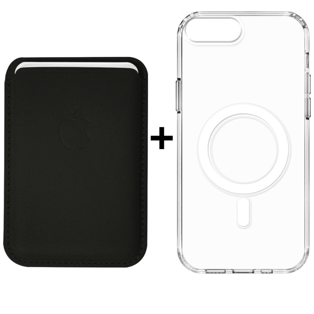 Kit Capinha Transparente Magsafe e Porta Cartão Para Iphone 7 Plus e Iphone 8 Plus Carteira Magnética de Couro