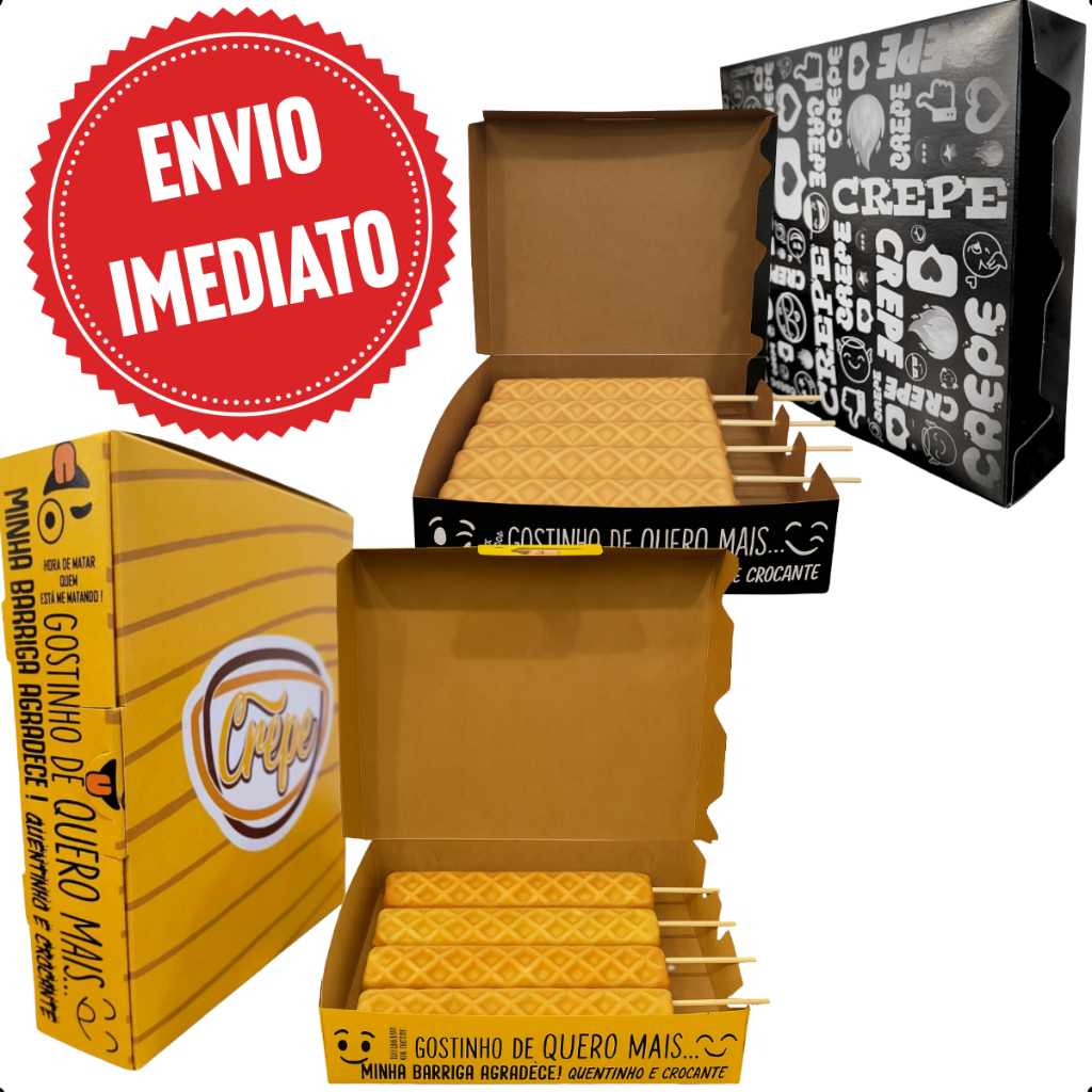 EMBALAGEM CAIXA CREPE SUIÇO / PALITO - DELIVERY VIAGEM - (50 UNIDADES) - LINHA BLACK - CREPE - EMOJI
