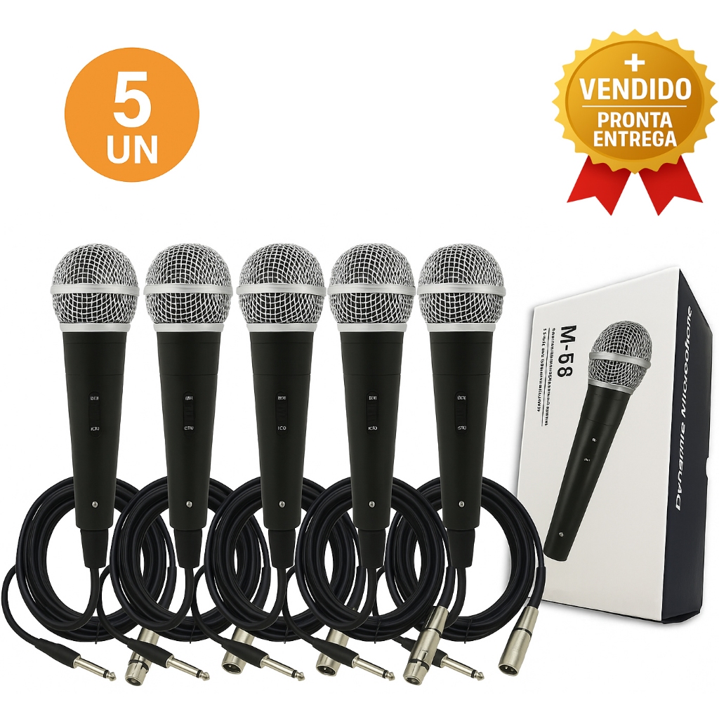 Kit 5 Microfone Dinâmico Com Fio Profissional Cabo 5 Metros XLR P10 Karaokê Igreja Estúdio e Eventos
