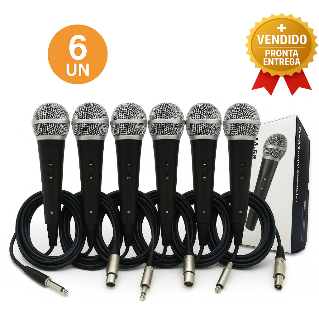 Kit 6 Microfone Dinâmico Com Fio Profissional Cabo 5 Metros XLR P10 Karaokê Igreja Estúdio e Eventos