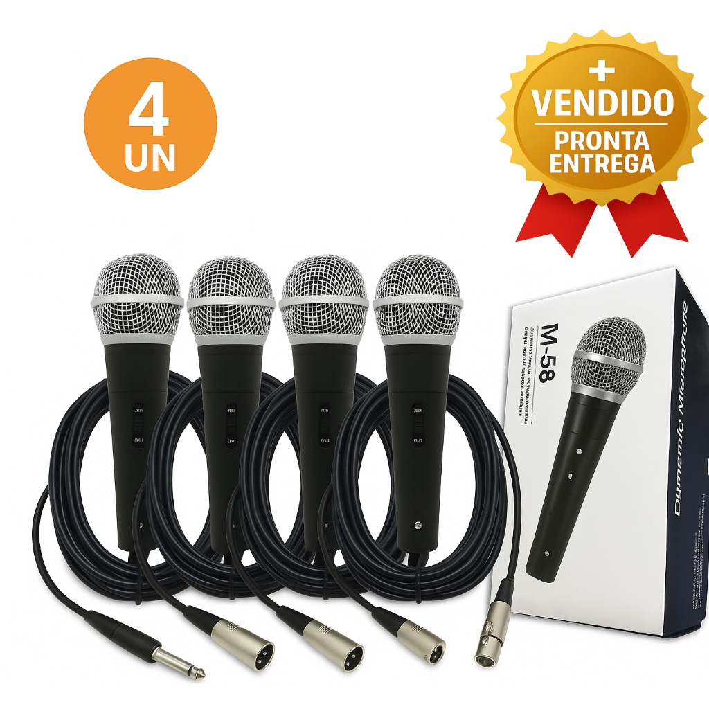 Kit 4 Microfone Dinâmico Com Fio Profissional Cabo 5 Metros XLR P10 Karaokê Igreja Estúdio e Eventos