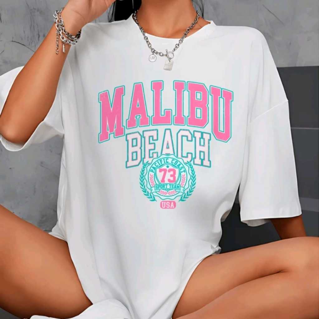Camiseta Oversized Feminina Malibu Streetwear Moda Blogueira Camisetão Largo Academia 100% Algodão
