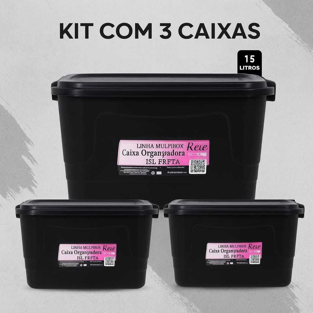 Kit 3 Caixas Plasticas 15 Litros Organizadoras Roupas Brinquedos Produtos Diversos Com Tampa Cor Preta  Multiuso Pratica em Oferta na Shopee