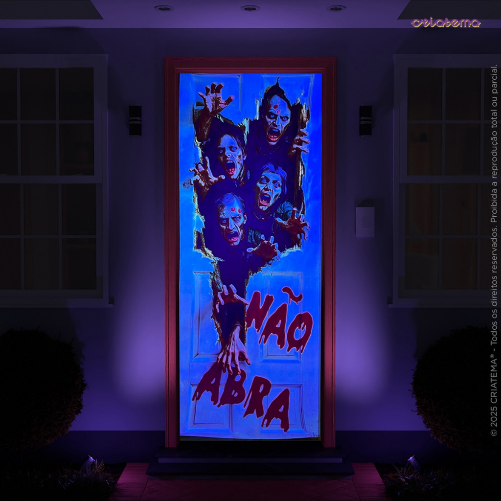 Detalhes do Capa Porta Decoração Halloween Zumbi Neon Brilha C/ Luz Negra 0,85x2,10m Tecido Sublimado C/Elástico