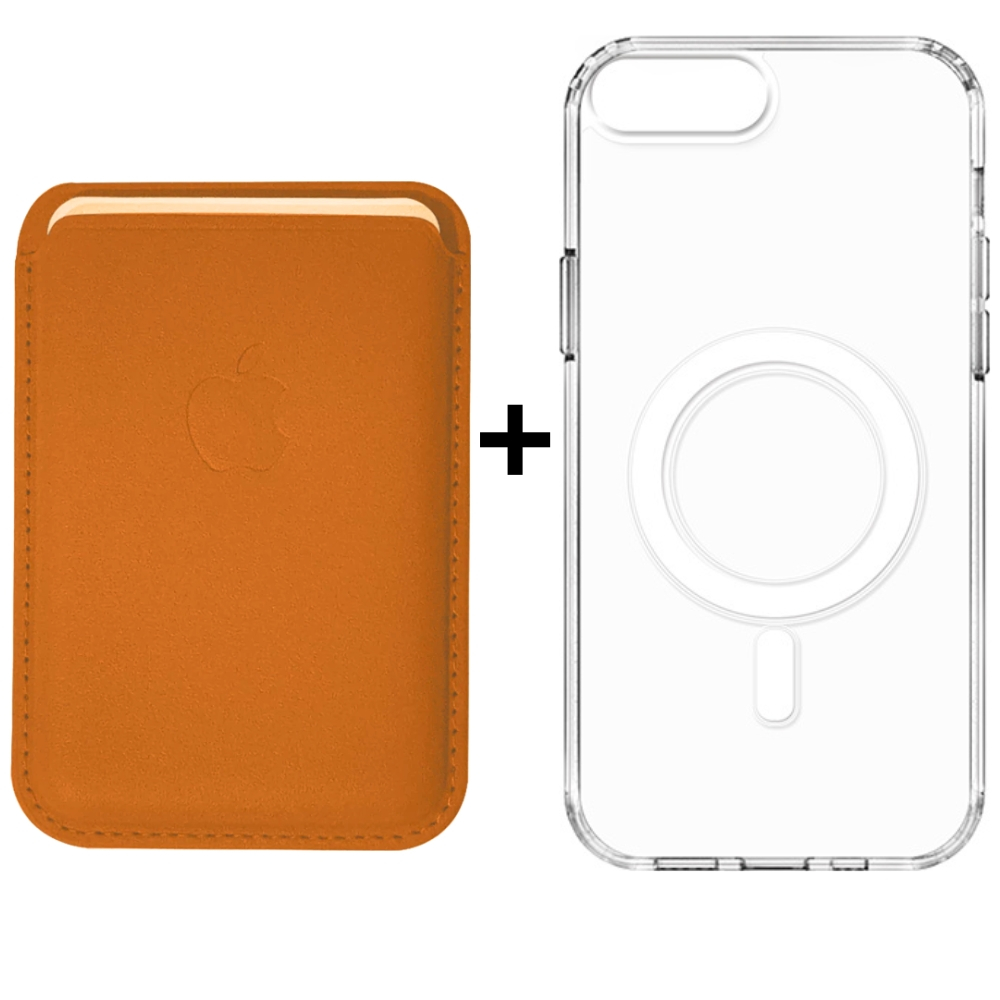 Kit Capinha Transparente Magsafe e Porta Cartão Marrom Claro Iphone 7 Plus e Iphone 8 Plus Carteira Magnética de Couro