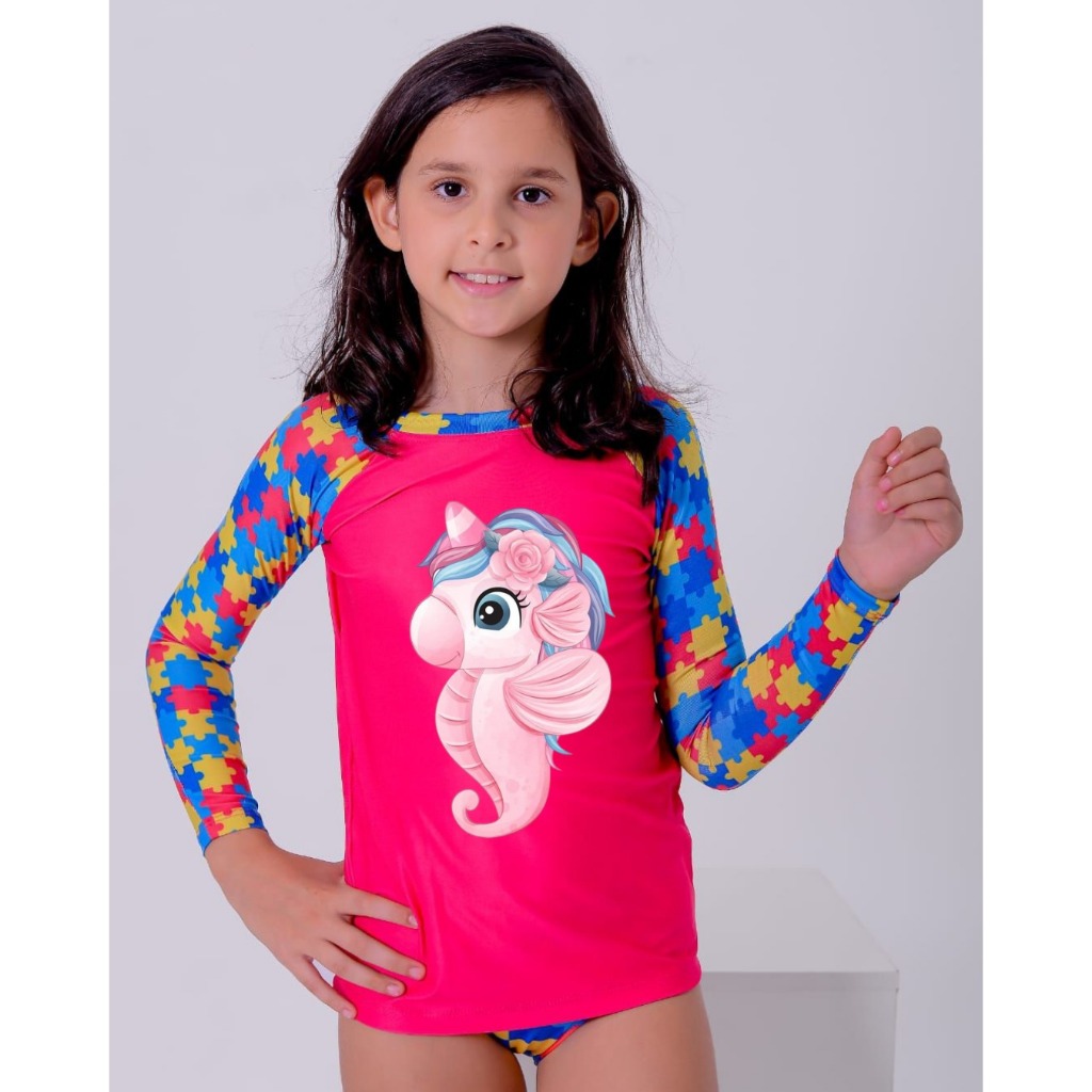 Conjunto UV50+ Juvenil Feminino Autismo Camisa Manga Longa + Calcinha PERSONALIZADO PERSONALIZADO