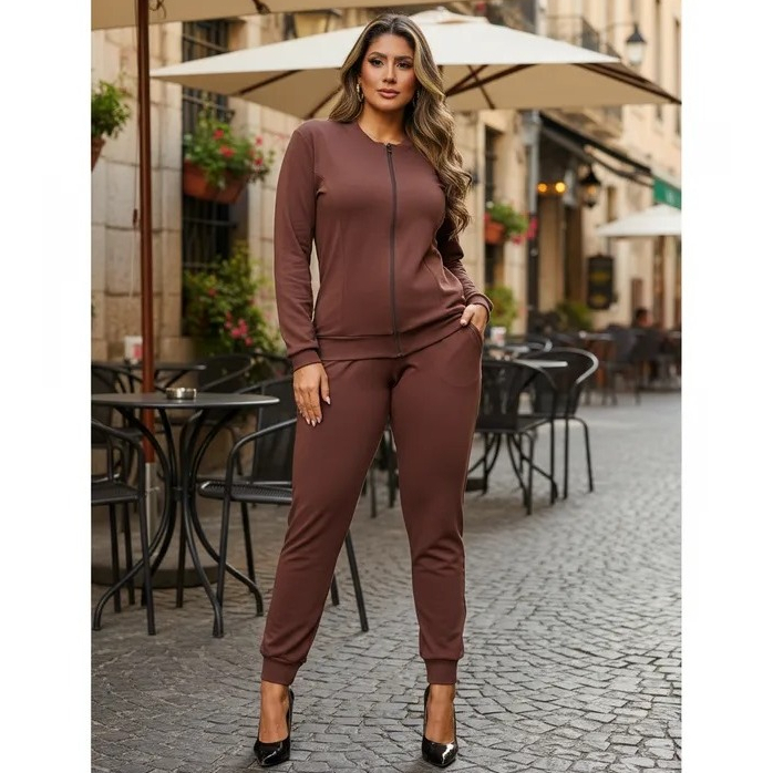 Conjunto Feminino Moletinho Com Zíper Na Blusa E Bolso Calça