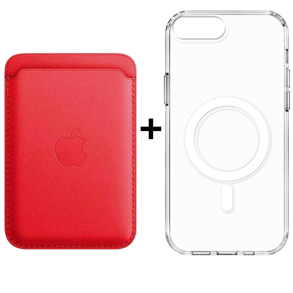 Kit Capinha Transparente Magsafe e Porta Cartão Vermelho Para Iphone 7 Plus e Iphone 8 Plus Carteira Magnética de Couro