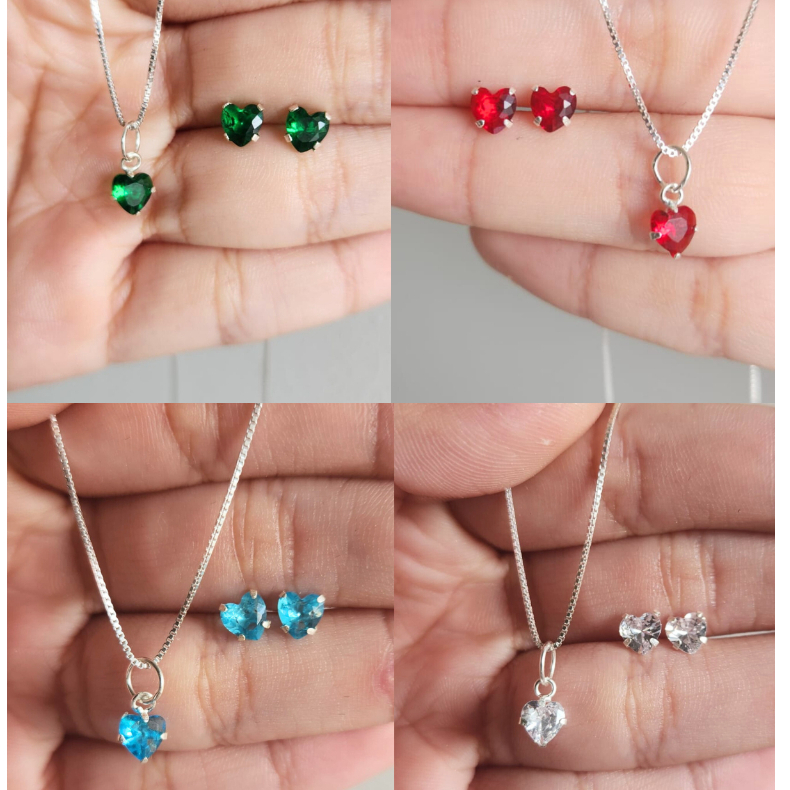 Kit Colar e Brincos Coração Prata 925 Feminino Conjunto Cores Colorido